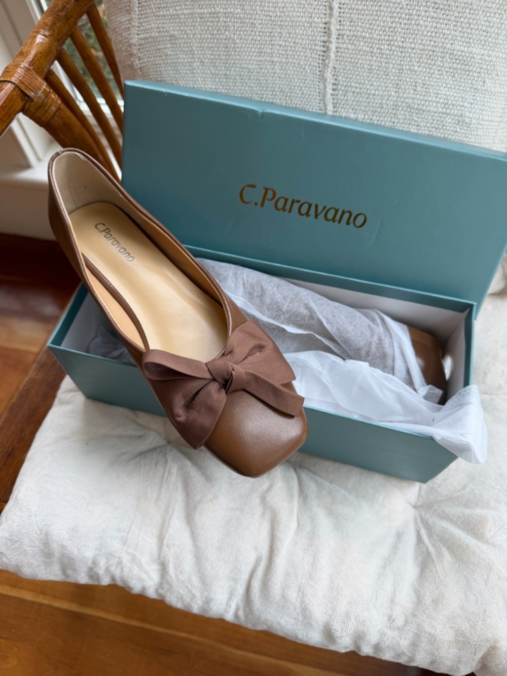 C. Paravano Brown Leather Bow Ballet Flat